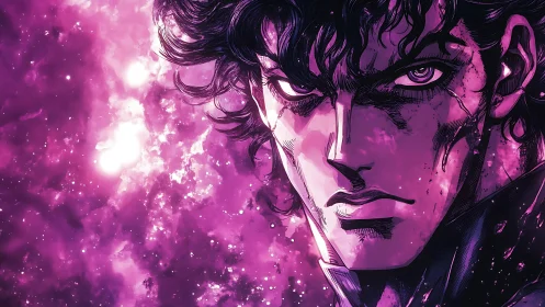 Brooding anime warrior glares through a vivid cosmic storm