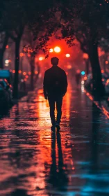 Silhouetted figure on neon-lit rain street, photoreal framing.