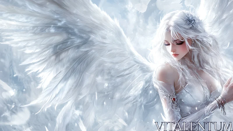 Ethereal white angel with luminous wings in icy light.