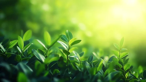 Lush green foliage in sunlight with soft bokeh background.