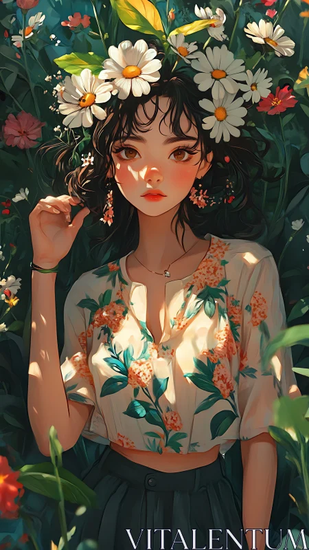 Sunlit floral portrait of young woman in lush garden setting