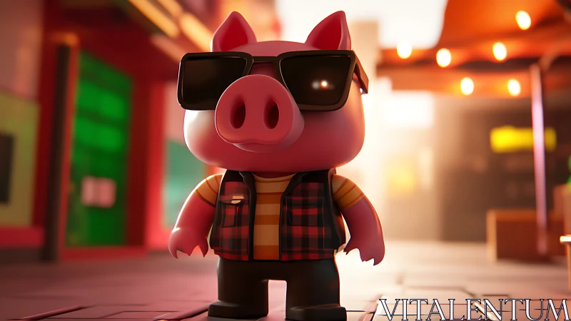 Stylized pig character stands in urban street environment