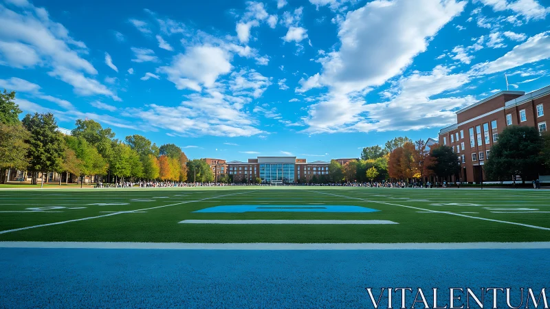 College football field frames campus quad under vivid sky