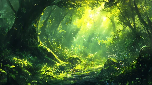 Enchanted Forest Path Glowing with Sunlit Wonder.