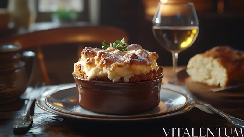 Rustic bread pudding souffle in warm candlelit tavern setting.