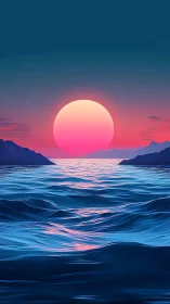 Large sun aligns over low-poly seascape with layered waves