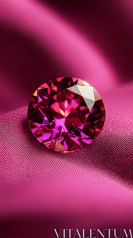 Pink faceted gemstone rests on detailed magenta fabric