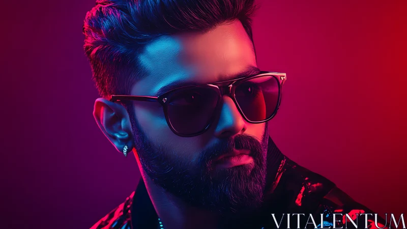 Neon-shadowed bearded icon in cinematic nightclub glow.