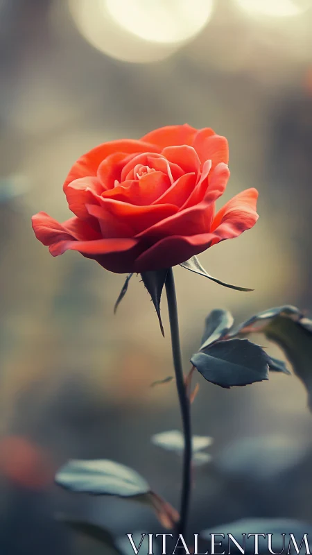 Soft coral rose glowing gently against a dreamy blur.