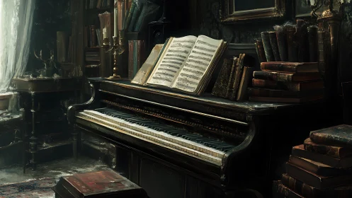 Ghosted sonata lingers over dust-lit, book-clad piano keys