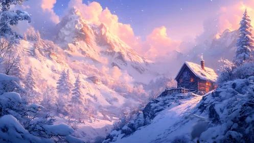 Sunlit alpine cabin under volumetric winter cloudscape and snow