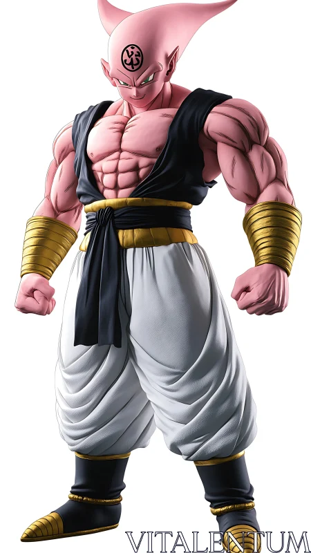 Pink alien warrior stands in dramatic battle-ready pose.