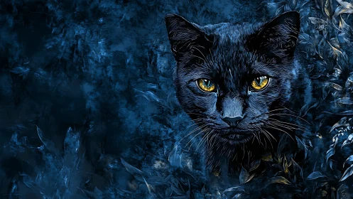 Black Cat with Golden Eyes in Blue Textured Background.