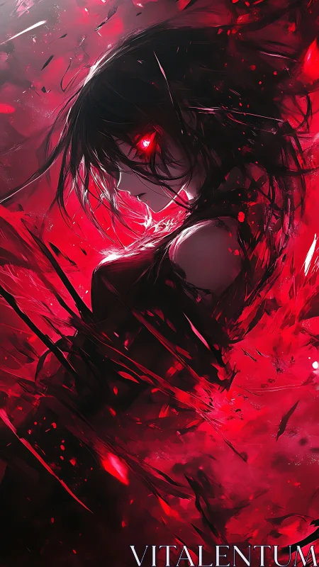 Crimson energy swirls around a fierce anime warrior&rsquo;s gaze