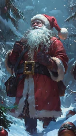 Snow-dusted Santa strides through storybook winter woods.