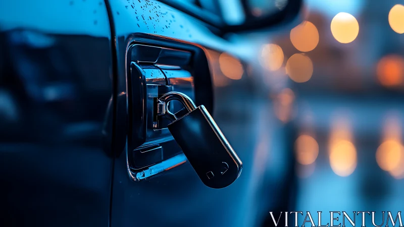 Car door closeup with key fob in lock at dusk.