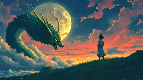 Moonlit sky dragon greets a lone dusk-side dreamer.