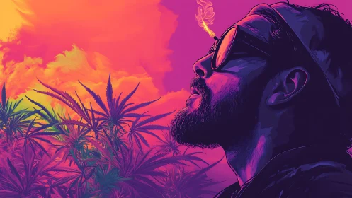 Bearded man smoking in neon cannabis field at sunset.