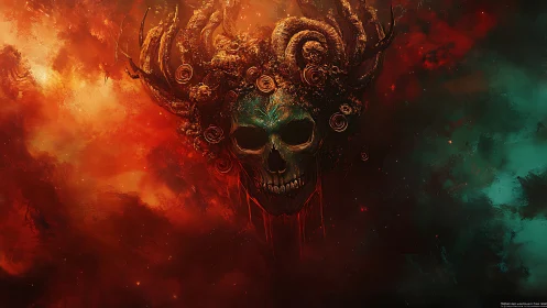 Skull crowned with twisted horns amid infernal nebulae.