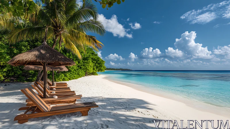 Tropical Seaside Resort with Thatched Umbrellas and White Sand Beach.