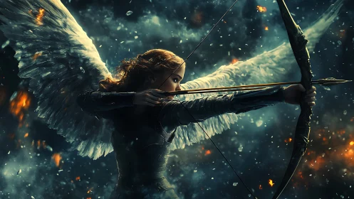 Winged archer holds steady in a storm of glowing embers