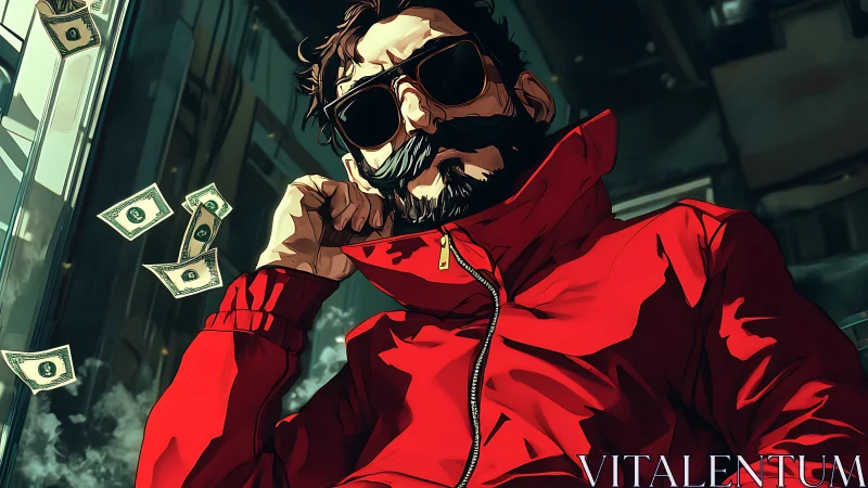 Cool city wanderer in bold red jacket and dark shades.