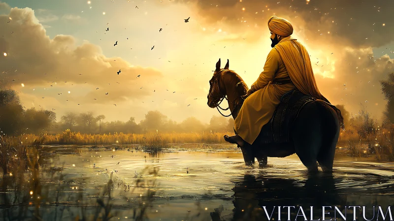 Mounted rider in turban sits in shallow water at sunset