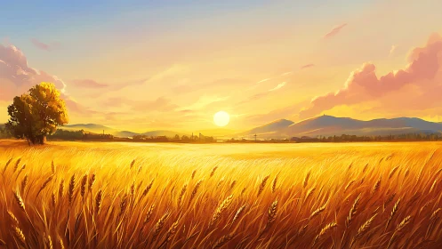 Golden wheat valley under radiant sunset sky panorama.