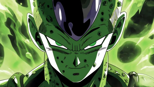 Green armored anime villain amid glowing energy storm.