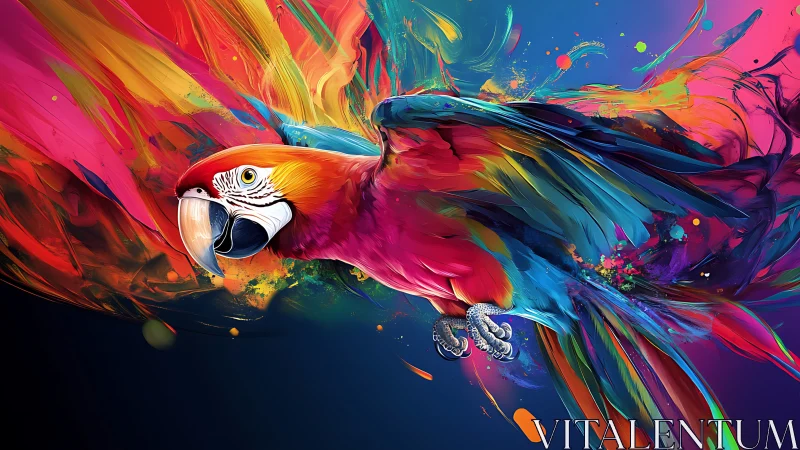 Colorful macaw in dynamic digital paint explosion artwork.