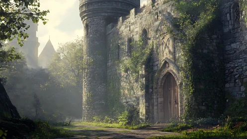 Sunlit ivy castle gate with mossy stone walls