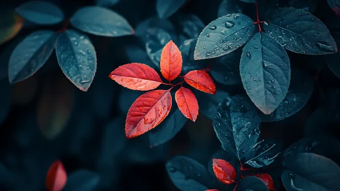 Scarlet leaves glow against deep blue foliage after rain.