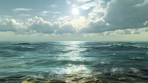 Sunlit open ocean with gentle waves and clouded sky.