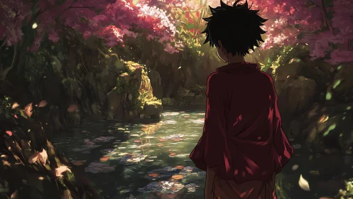 Backlit anime figure at reflective sakura grotto pool.