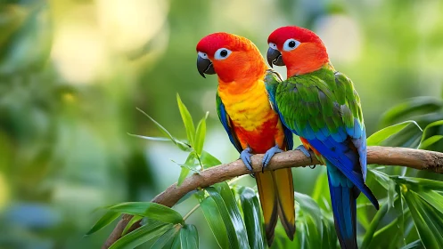 Vibrant parrots perched on branch in lush tropical setting, realistic.