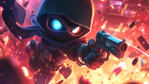 Hooded cyber chibi assassin dives through neon shrapnel night.