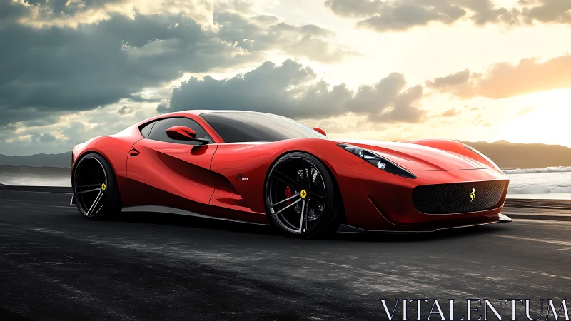 Crimson supercar streaks beneath stormlit coastal sunrise.
