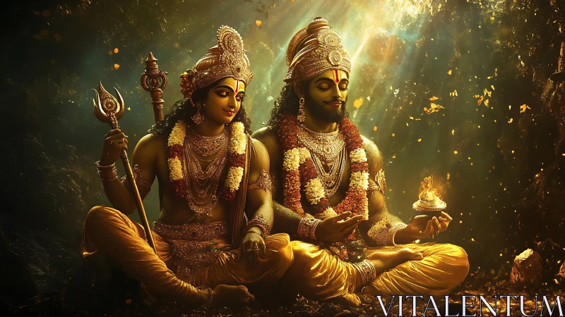 Digital painting of divine seated deities in golden chiaroscuro.