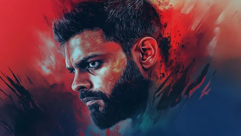 Intense male portrait in red and blue digital painting.