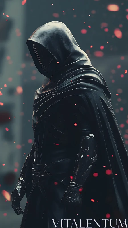 Hooded dark knight stands in drifting embers of a lost realm