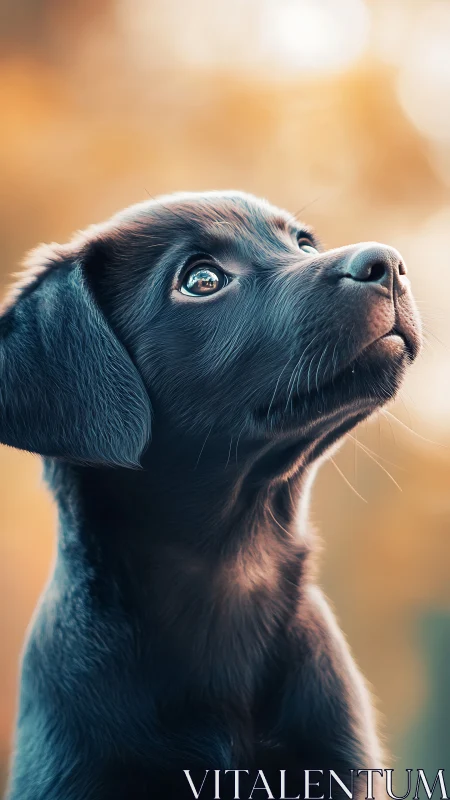Luminous-eyed black puppy bathed in soft autumn glow.