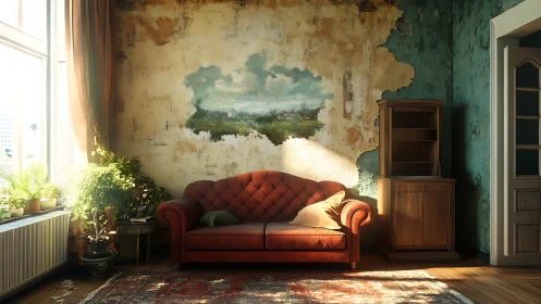 Sunlit vintage sofa in decayed wall interior with mural landscape