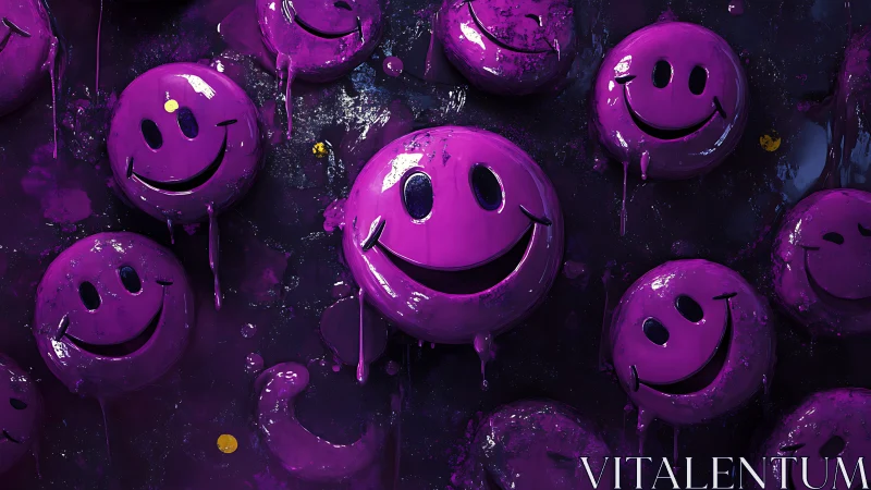 Purple smiling faces drip with glossy paint on dark wall