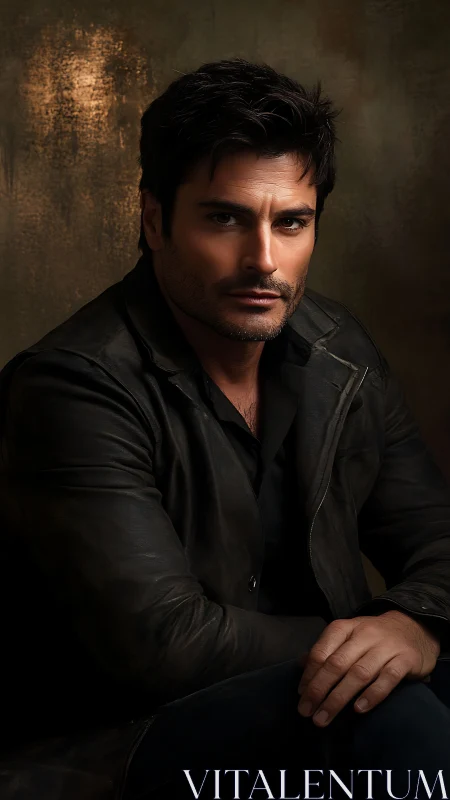 Moody male portrait in dark leather jacket studio pose.