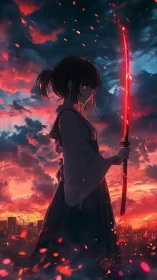 Silhouetted swordswoman with glowing blade over city skyline.
