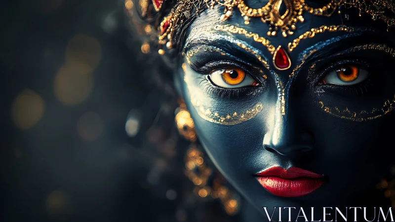 Divine blue-faced goddess gazes with intense golden eyes