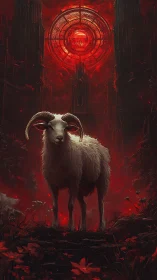 Gentle horned sheep stands beneath a glowing crimson halo