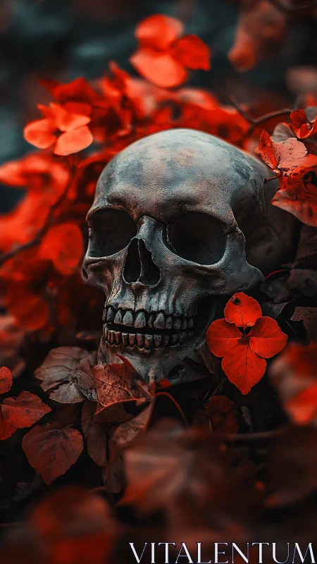 Weathered skull nestled in vivid crimson forest floor.