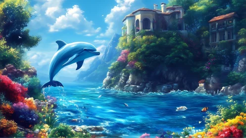 Dolphin pirouettes through a cliffside garden of impossible blues