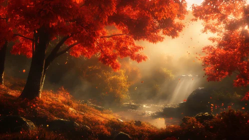 Autumn forest glows under golden mist and falling leaves.